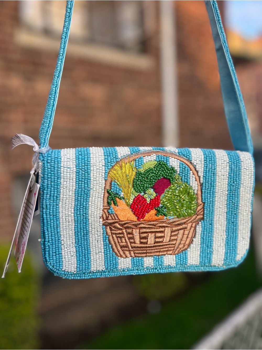 TJMAXX MARSHALLS Picnic Striped Farmers Market Produce Beaded Bag Shoulder Purse - Picture 5 of 10
